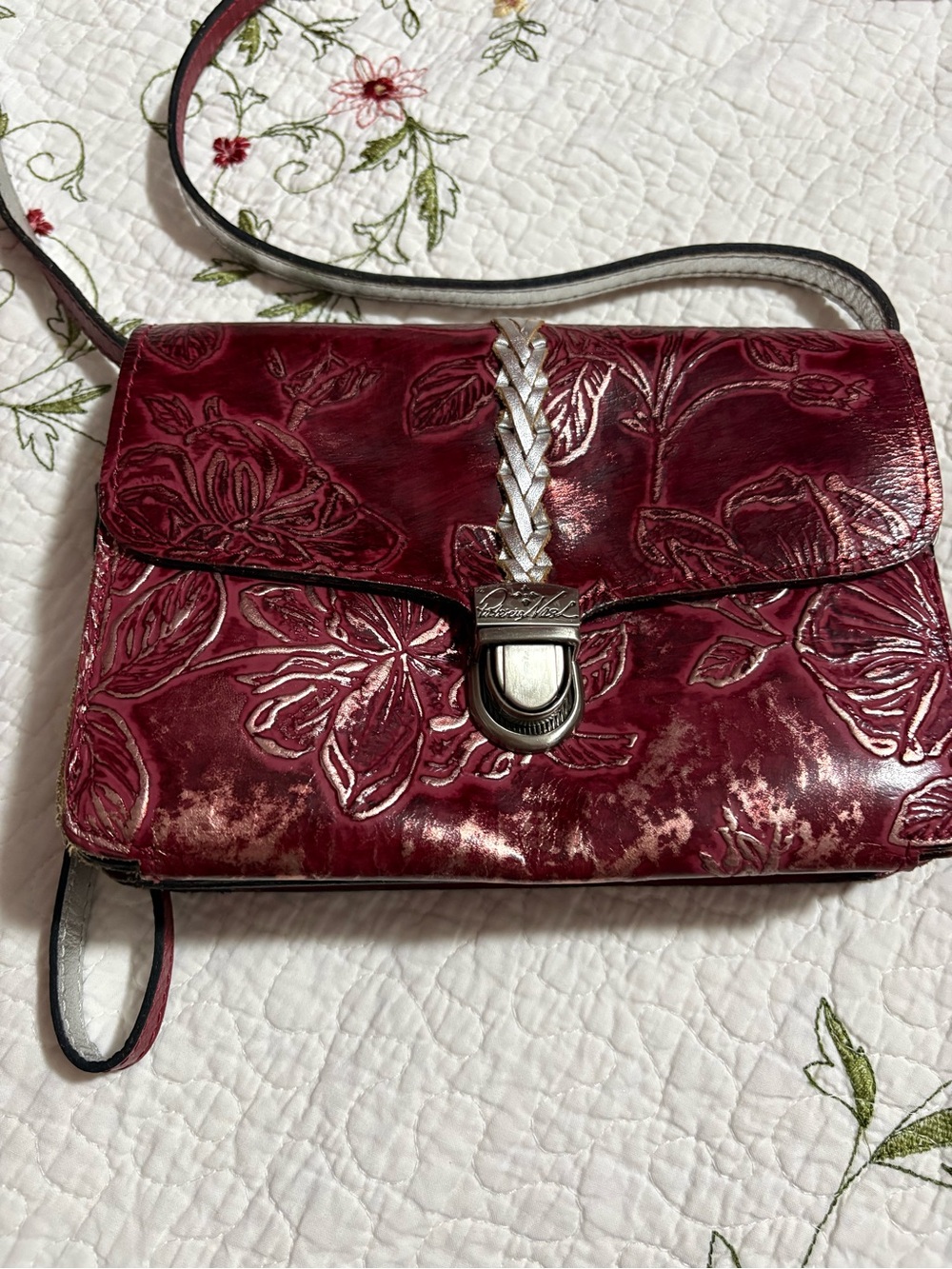 Patricia Nash Embossed Floral Dual Crossbody/Wristlet in Deep Burgundy